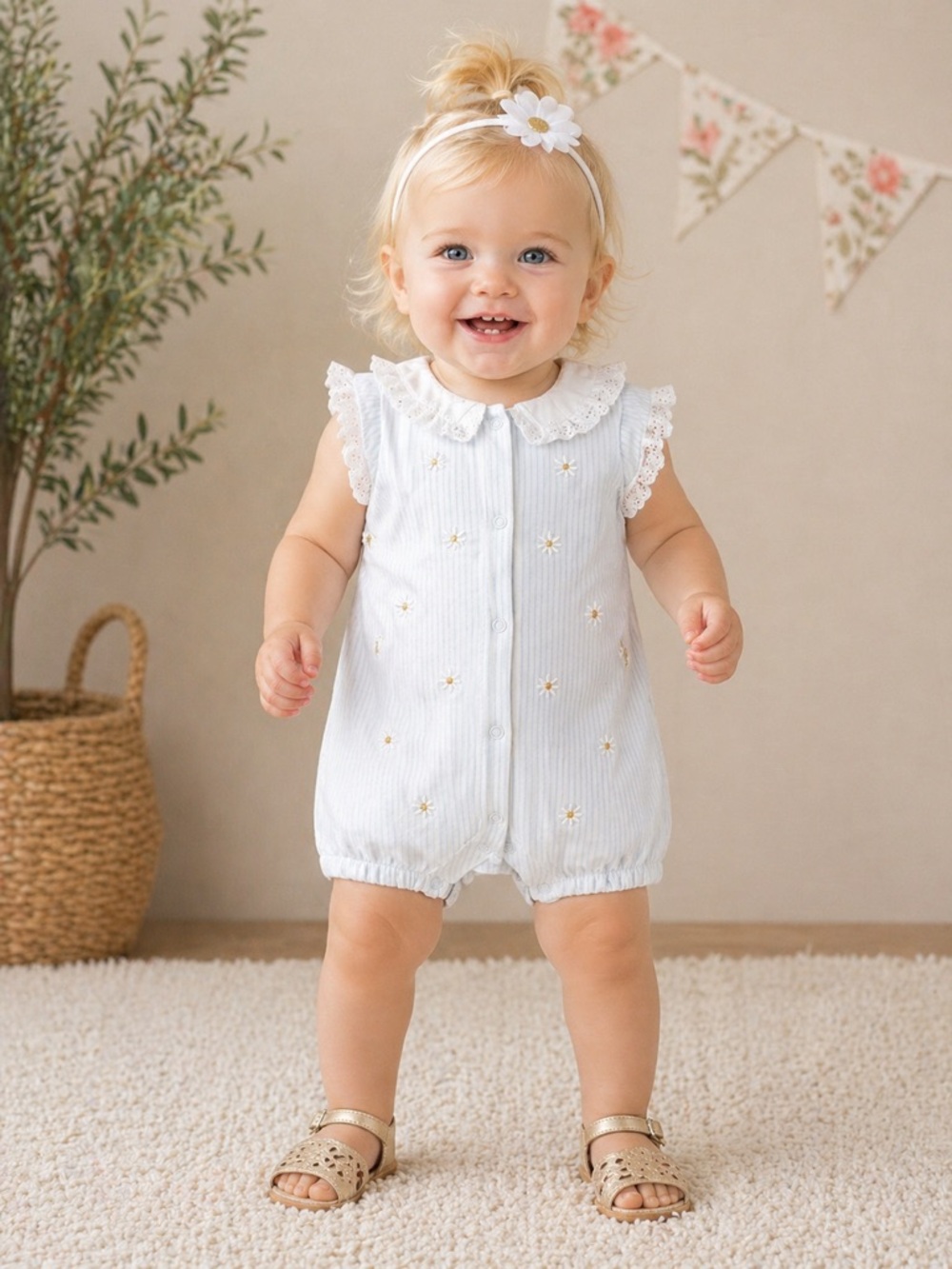 Little Me Daisy Baby Romper White Lace Collar Bubble Outfit | NWT Size 9M